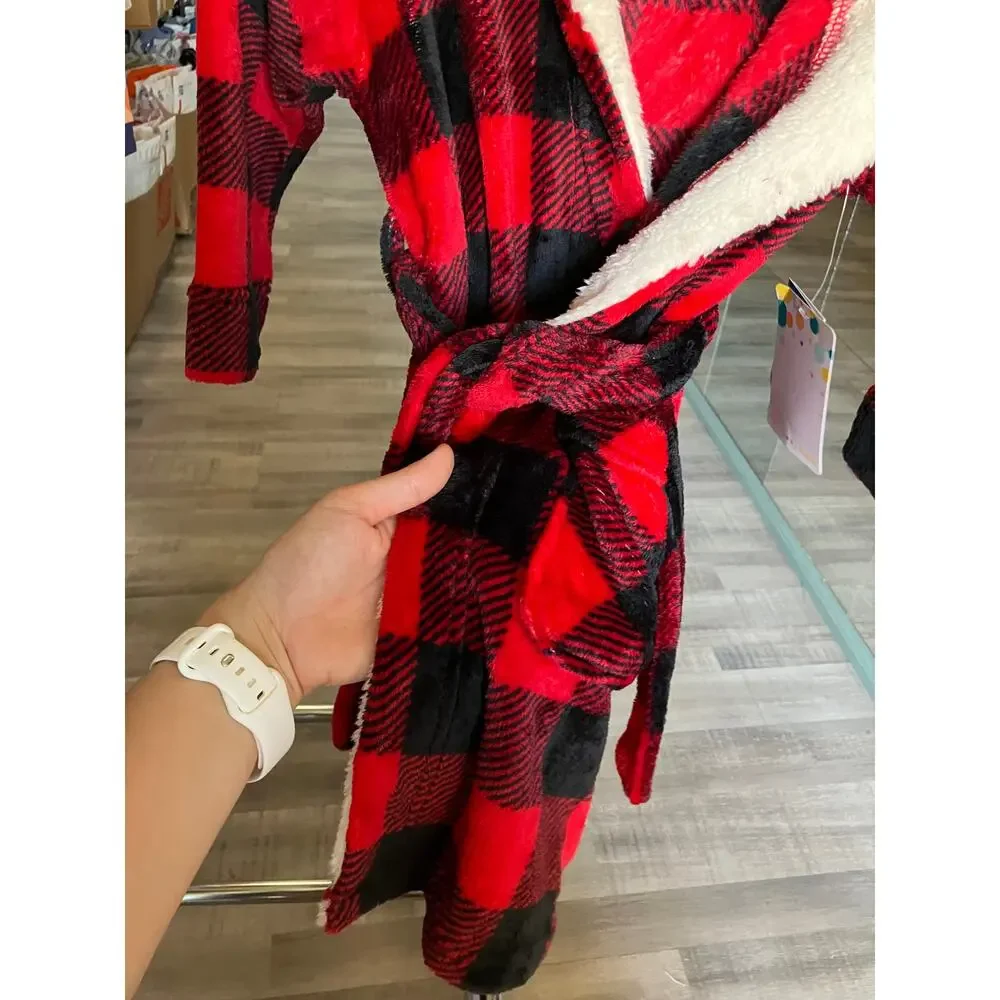 Fleece Long Sleeve Knee Length Robe, Color: Red Plaid Size XS(4/5)
